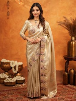 ALMAARI FASHION - Women Rose Gold Silk Embroidered Saree with Unstitched Blouse