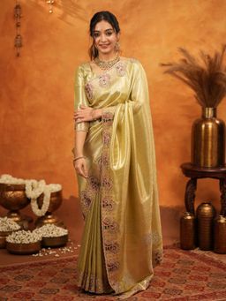 ALMAARI FASHION - Women Gold Silk Embroidered Saree with Unstitched Blouse
