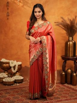 ALMAARI FASHION - Women Red Silk Embroidered Saree with Unstitched Blouse