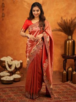 ALMAARI FASHION - Women Red Silk Embroidered Saree with Unstitched Blouse