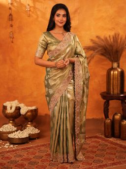 ALMAARI FASHION - Women Gold Silk Embroidered Saree with Unstitched Blouse