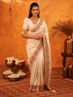 ALMAARI FASHION - Women Off White Silk Embroidered Saree with Unstitched Blouse
