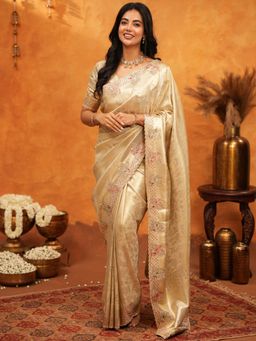 ALMAARI FASHION - Women Gold Silk Embroidered Saree with Unstitched Blouse