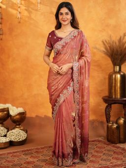 ALMAARI FASHION - Women Red Satin Embroidered Saree with Unstitched Blouse