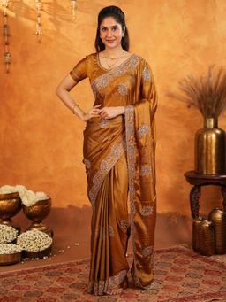 ALMAARI FASHION - Women Gold Satin Embroidered Saree with Unstitched Blouse