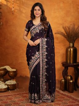 ALMAARI FASHION - Women Purple Satin Embroidered Saree with Unstitched Blouse