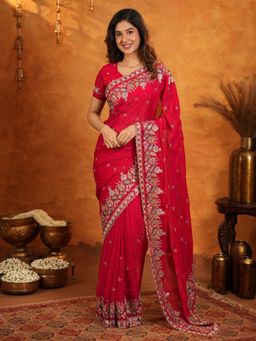 ALMAARI FASHION - Women Red Satin Embroidered Saree with Unstitched Blouse