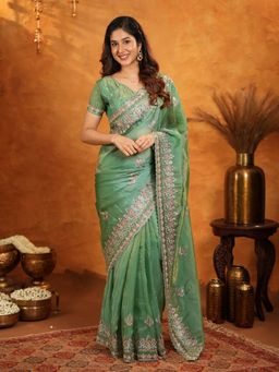ALMAARI FASHION - Women Green Satin Embroidered Saree with Unstitched Blouse