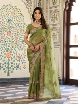 ALMAARI FASHION - Women Green Satin Embroidered Saree with Unstitched Blouse