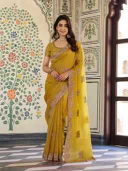 ALMAARI FASHION - Women Yellow Satin Embroidered Saree with Unstitched Blouse