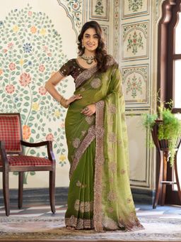 ALMAARI FASHION - Women Green Satin Embroidered Saree with Unstitched Blouse