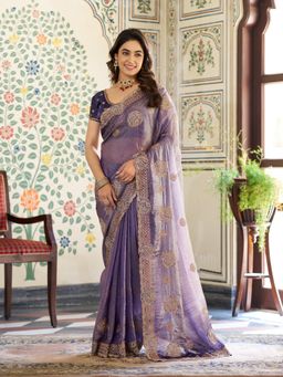 ALMAARI FASHION - Women Purple Satin Embroidered Saree with Unstitched Blouse