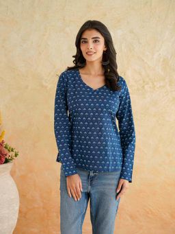GOODHAND - Indigo Cotton Printed Classic Vee Top