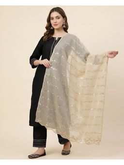 MUFFLY - Women Elegant Net Twill Pattern with Embellished Scalloped Border Cream Dupatta
