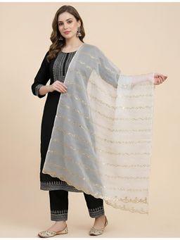 MUFFLY - Women Elegant Net Twill Pattern with Embellished Scalloped Border White Dupatta