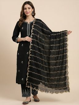 MUFFLY - Women Elegant Net Twill Pattern with Embellished Scalloped Border Black Dupatta