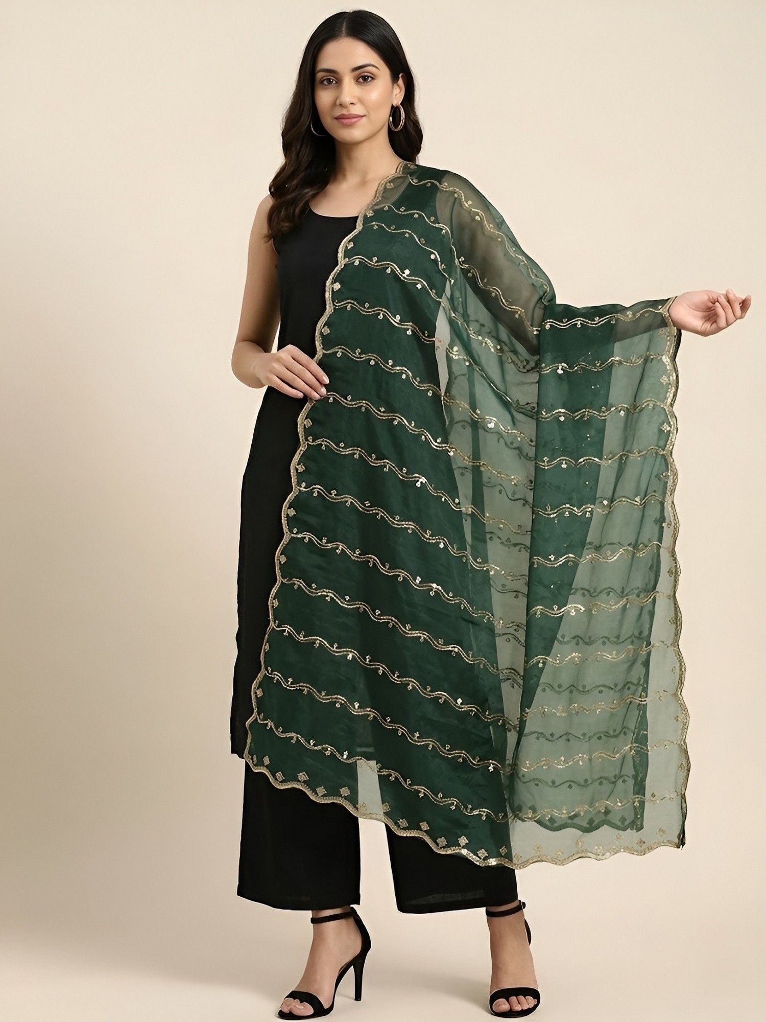 muffly Women Elegant Net with Embellished Scalloped Border Bottle Green Dupatta-picture-30