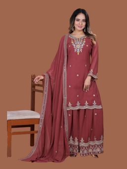 Odette - Women Rust Georgette Embellished Stitched Kurta with Sharara and Dupatta