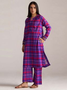Ganga Fashions - Women Purple Checkered Mul-Mul Cotton Co-Ord Set