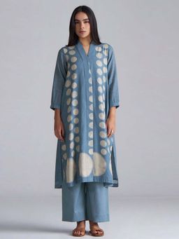 Ganga Fashions - Women Faded Denim Blue Cotton Linen Printed Co-Ord Set