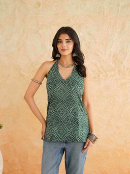 GOODHAND - Women Green Cotton Bandhani Printed Stylish Halter Tie-up Kurti