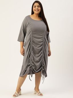 theRebelinme - Plus Size Women Grey Solid Color Cotton Knitted Ruched A-Line Dress