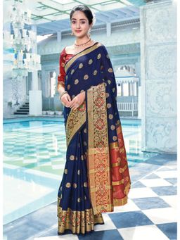 Sangam Prints - Navy Blue Cotton Woven Work Traditional Saree with Unstitched Blouse