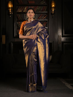 EXCLUSIVA - Navy Blue Soft Woven Banarasi Saree with Unstitched Blouse