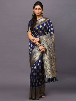 Akhilam - Women's Banarasi Navy Blue Woven Design Woven Saree with Unstitched Blouse