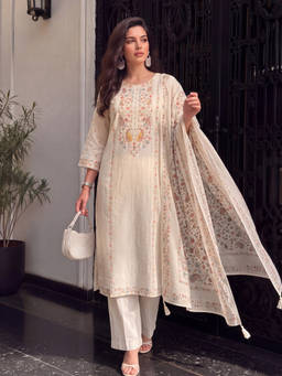 Seerat - Women Ivory Printed Linen Kurta and Pant with Dupatta
