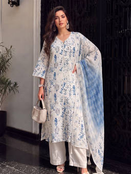 Seerat - Women Off White Printed Linen Kurta and Pant with Dupatta