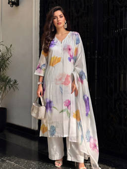Seerat - Women Cream Printed Linen Kurta and Pant with Dupatta