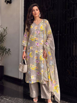 Seerat - Women Taupe Printed Linen Kurta and Pant with Dupatta