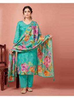 Seerat - Women Turquoise Printed Silk Blend Kurta and Pant with Dupatta