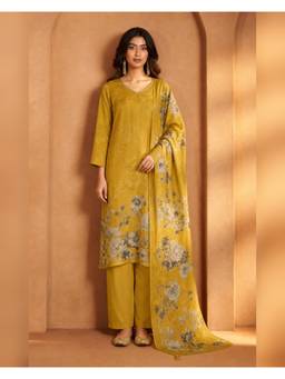 Seerat - Women Mustard Printed Silk Blend Kurta and Pant with Dupatta