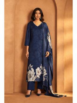 Seerat - Women Navy Blue Printed Silk Blend Kurta and Pant with Dupatta