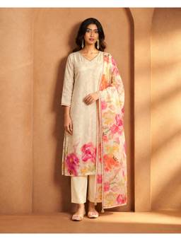 Seerat - Women Cream Printed Silk Blend Kurta and Pant with Dupatta