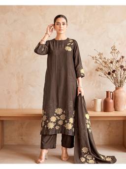 Seerat - Women Brown Printed Silk Blend Kurta and Pant with Dupatta