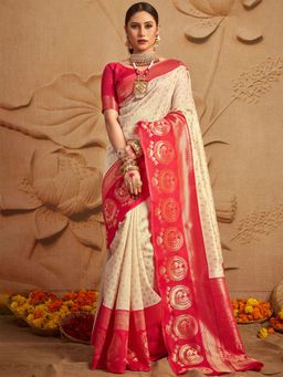 Odette - Silk Blend Off White And Red Woven Designer Saree with Unstitched Blouse