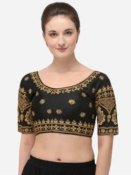 Amrutam Fab - Womens Embroidered Black Phantom Silk Stiched Blouse With Round Neck