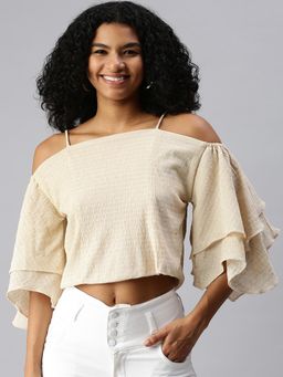 SHOWOFFFF - Women Shoulder Straps Flare Sleeves Self Design Beige Crop Top