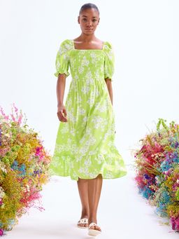 Cover Story - Lime Floral Print Midi Dress