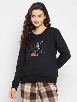 Clovia - Graphic Print Sweatshirt in Black Fleece