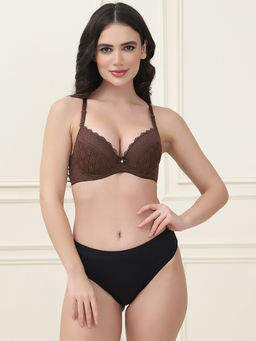 PrettyCat - Lightly Padded T-Shirt Bra Panty with Sexy Trim Lace Brown (Set of 2)