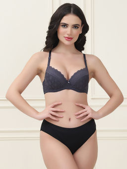 PrettyCat - Lightly Padded T-Shirt Bra Panty with Sexy Trim Lace Grey (Set of 2)