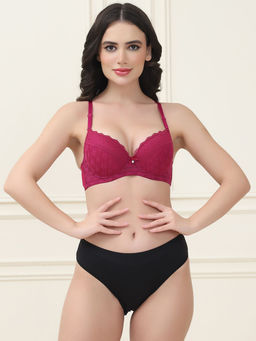 PrettyCat - Lightly Padded T-Shirt Bra Panty with Sexy Trim Lace Maroon (Set of 2)