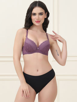 PrettyCat - Lightly Padded T-Shirt Bra Panty with Sexy Trim Lace Purple (Set of 2)