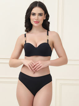 PrettyCat - Lightly Padded Balconette Bra Panty with Sexy Chain Strap Black (Set of 2)