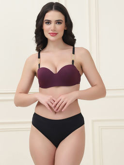 PrettyCat - Lightly Padded Balconette Bra Panty with Sexy Chain Strap Wine (Set of 2)