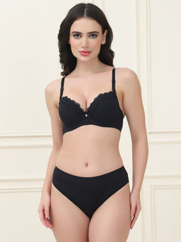 PrettyCat - Lightly Padded T-Shirt Bra Panty with Sexy Trim Lace Black (Set of 2)